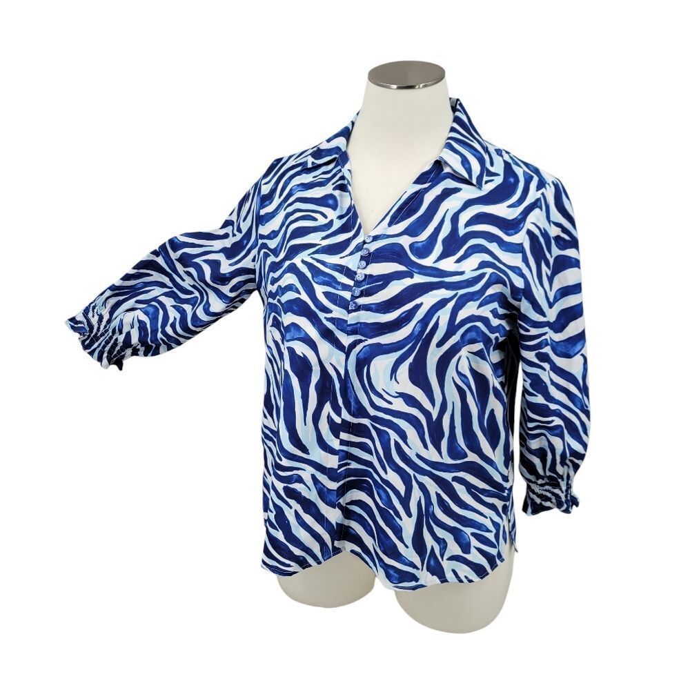 Foxcroft Alexis Tonal Zebra 3/4 Sleeve Popover Shirt Top Blouse NEW